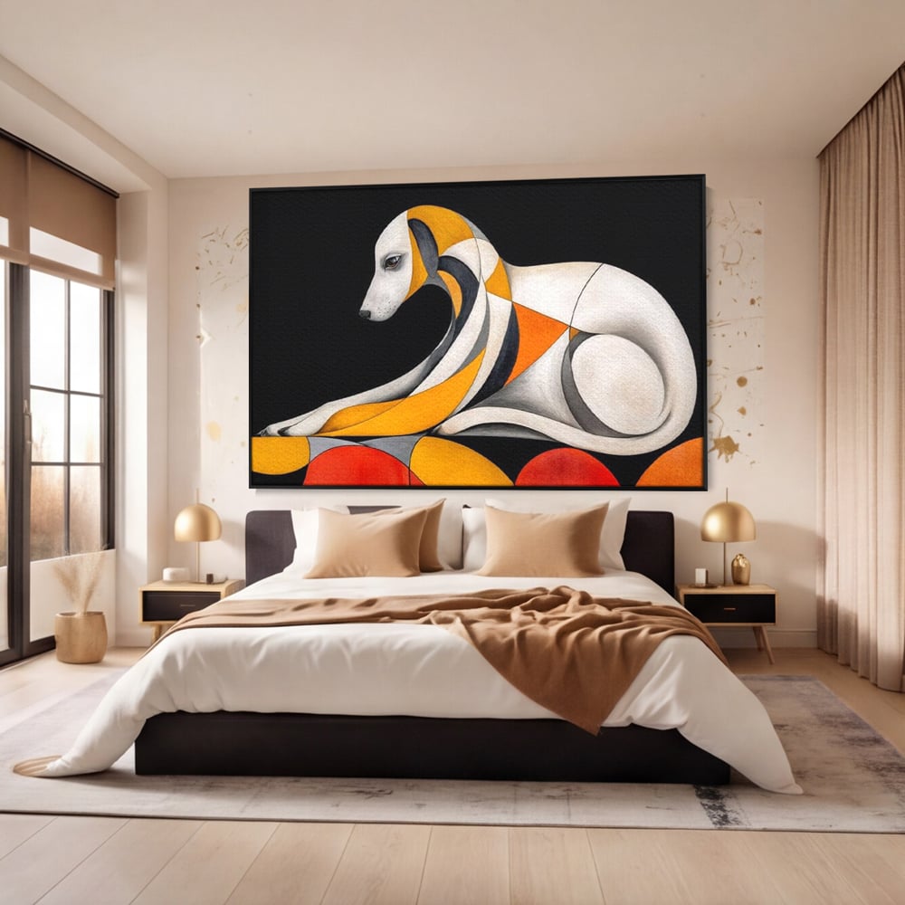 Tablou canvas cu tablou canvas cu caine stilizat in forme geometrice, in rama de aluminiu negru, pe perete intr-un dormitor